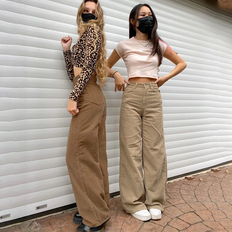 2021 New Retro Casual Woman Corduroy Ultra Light Core Velvet Brown Women Bottoms Pants Street Style Comfortable Wide Leg Pants 2021 new y2k printed heart shaped jeans mommy 2xl retro street women women s blue high stretch sexy skinny pencil jeans
