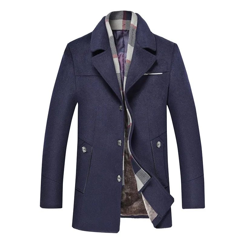 1 Smart casual осень зима средней длины шарф воротник мужские шерстяные пальто с длинным рукавом однобортный флисовая подкладка толстые пальто - Цвет: 1