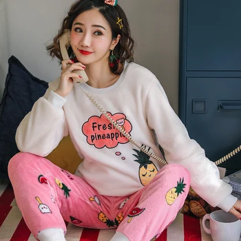 

Pajamas set women winter flannel long-sleeved thickening plus velvet coral fleece cute autumn and winter home suit women