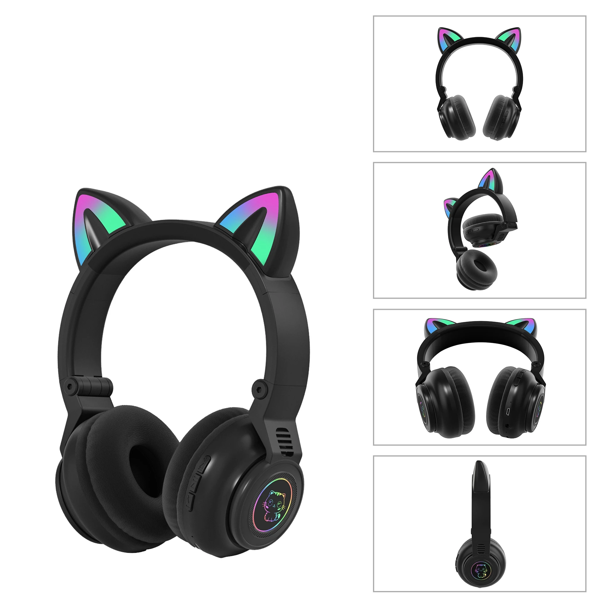 Cute RGB Kitten wireless Headsets Bluetooth 5.0 Bass Noise Cancellation Adult Child Girl Headset Support TF Card Helmet with Mic