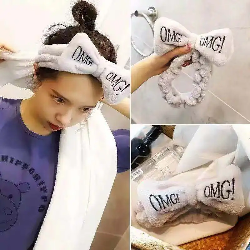 Новинка OMG буквы коралловый флис мытье лица ободок с бантиком для женщин девушек держатели головных уборов резинки для волос аксессуары для волос в виде тюрбана
