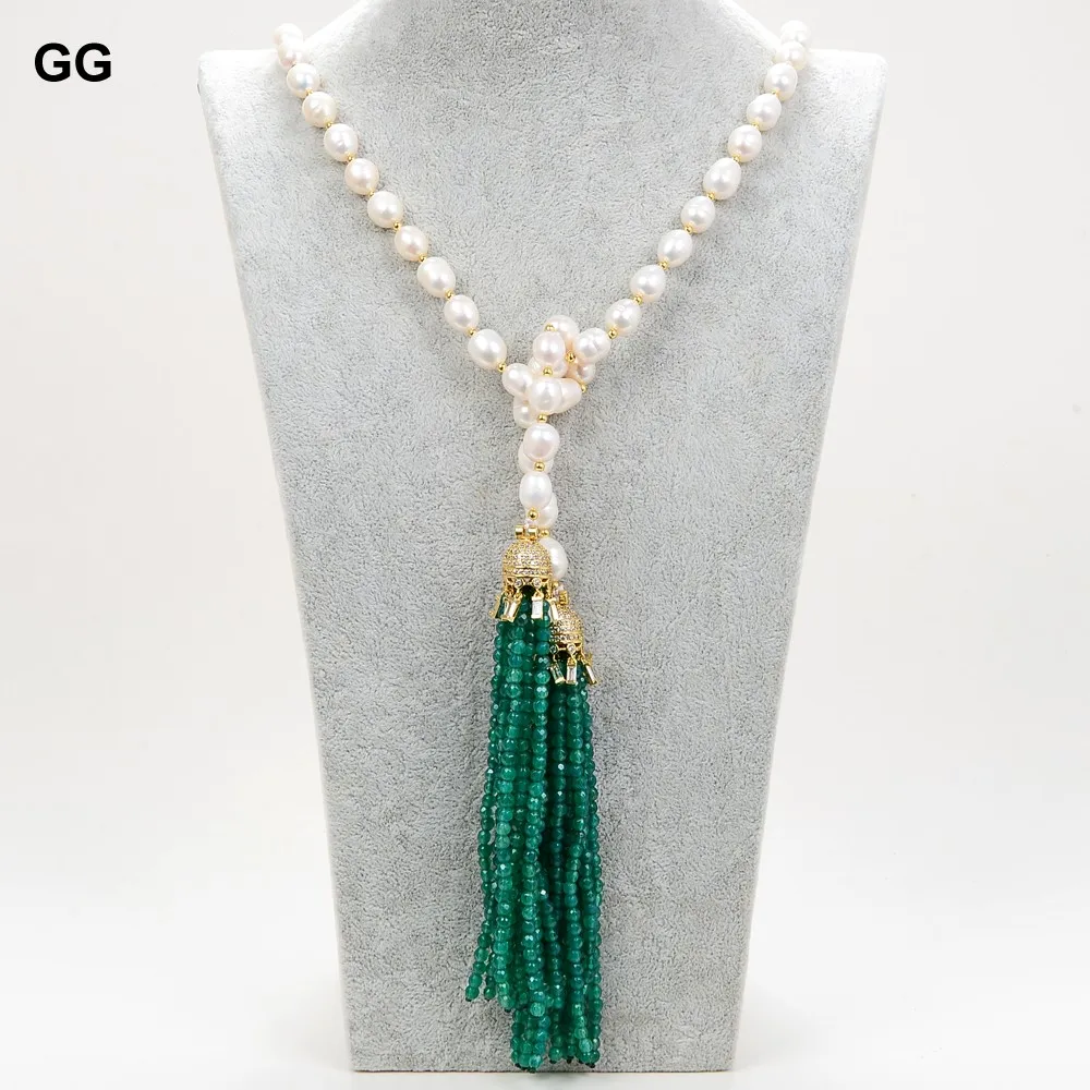 

GuaiGuai Jewelry 51'' Cultured White Rice Pearl Green Agates Tassel CZ Pave Pendant Long Necklace