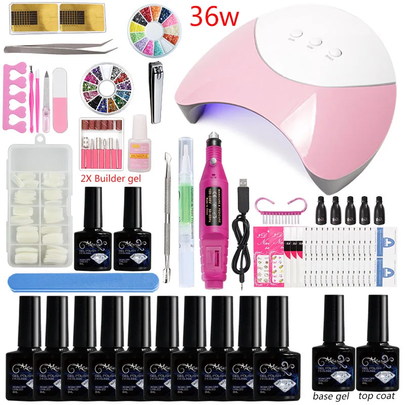 36w led lamp set Гель-бутылка для ногтей, маникюрный набор для женщин, Комплект гель-лаков для ногтей, 10 цветов, Сушилка для ногтей, светодиодная лампа с УФ-лампой, станок для ногтей - Цвет: 36w led lamp set
