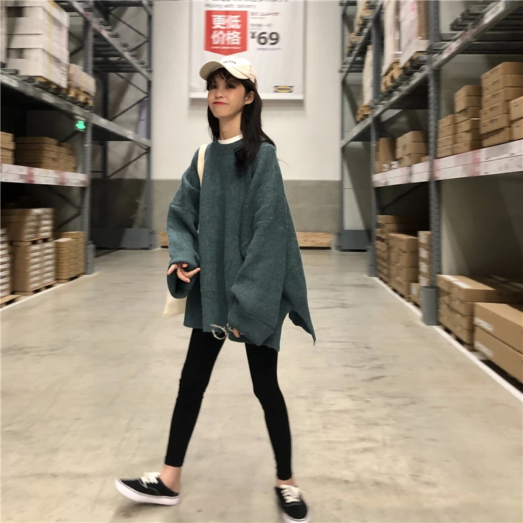 Women Autumn Winter Oversized Pullover Knitted Sweater Female Thick Split Long Sleeve Jumper Coat Pull Femme Jersey Mujer