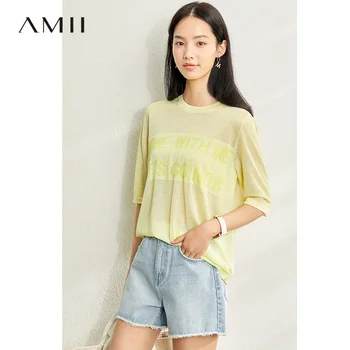 

AMII Minimalism Spring Summer Letter Women Knit Shirt Tops Causal Oneck Short Sleeves Loose Female Shirt 12040120