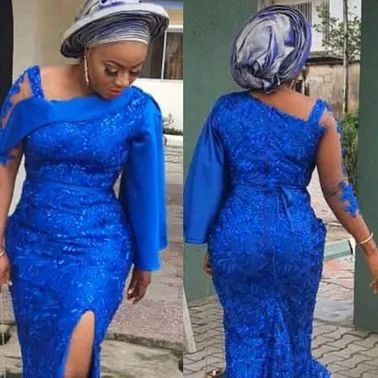 Королевский синий формальное вечернее платье русалки Aso Ebi кружевные аппликации Асимметричные Длинные рукава на одно плечо с Боковым Разрезом