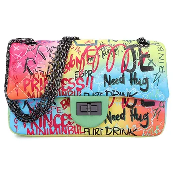 

1 PC Fashion Letters Graffiti Colorful Chain Bag Women Girls Fashion Lingge Single Shoulder Bag PU Leather Small Square Handbag