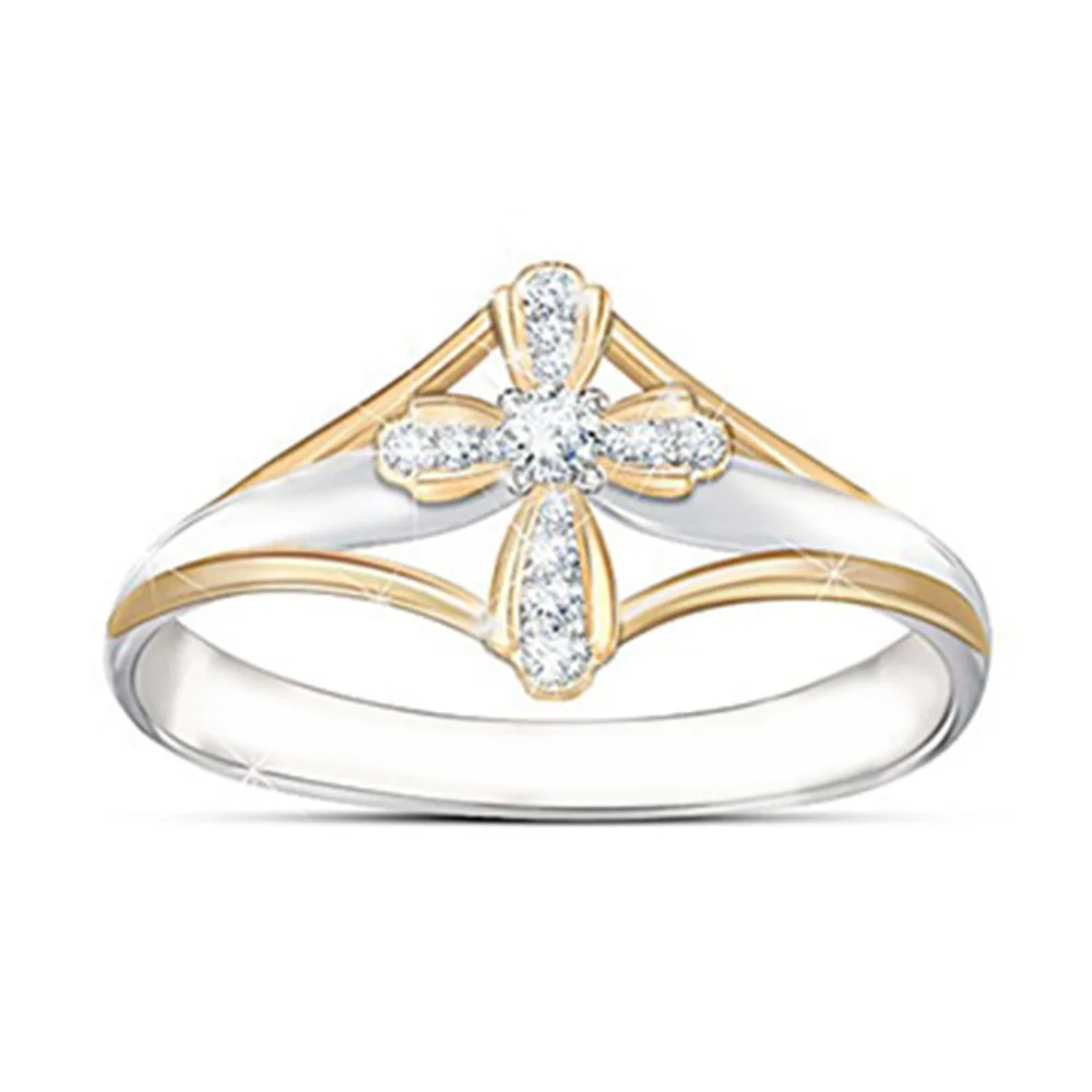 

Fashion Gold Ring Creative Two-color Cross Ring Gold Color with Zircon Ring for Women Wedding Ring Engagement Anniversary Gift