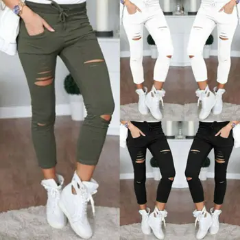 

Fashion Casual Women Lady Destoyed High Waist Denim Jeans Pencil Pants Trousers