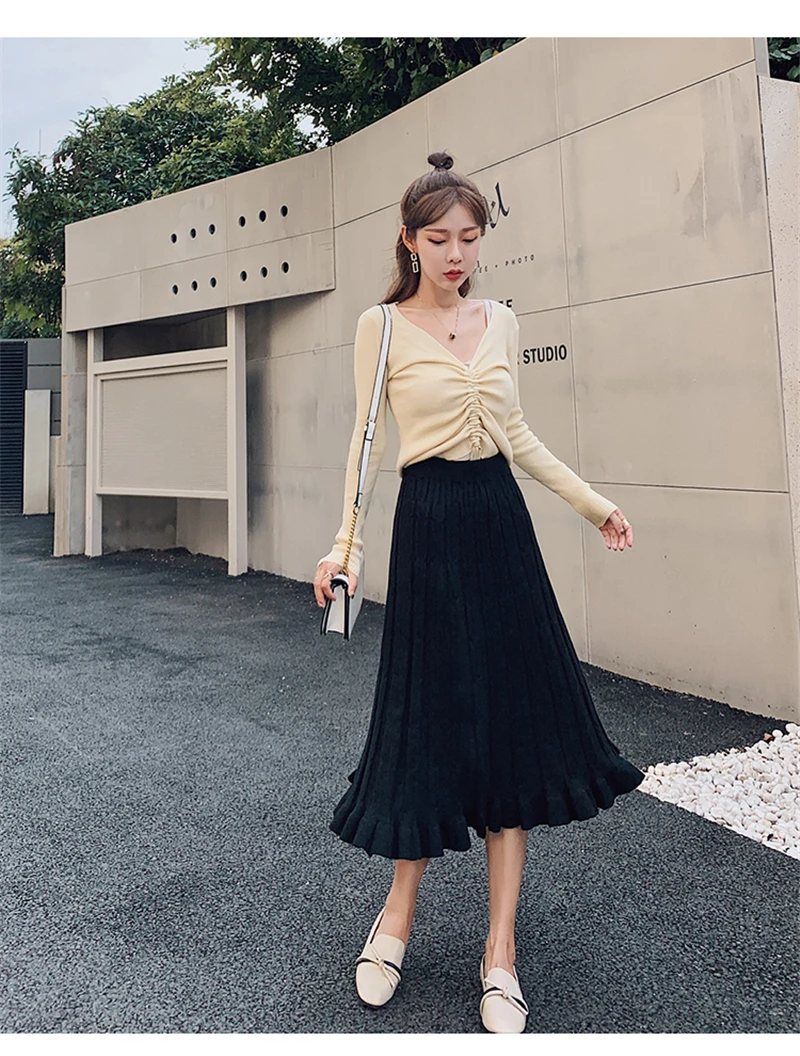 BGTEEVER Autumn Winter Cable Twist Women Knitted Skirts Thick Warm Midi Skirt Elastic Band High Waist Tulle Skirt for Women