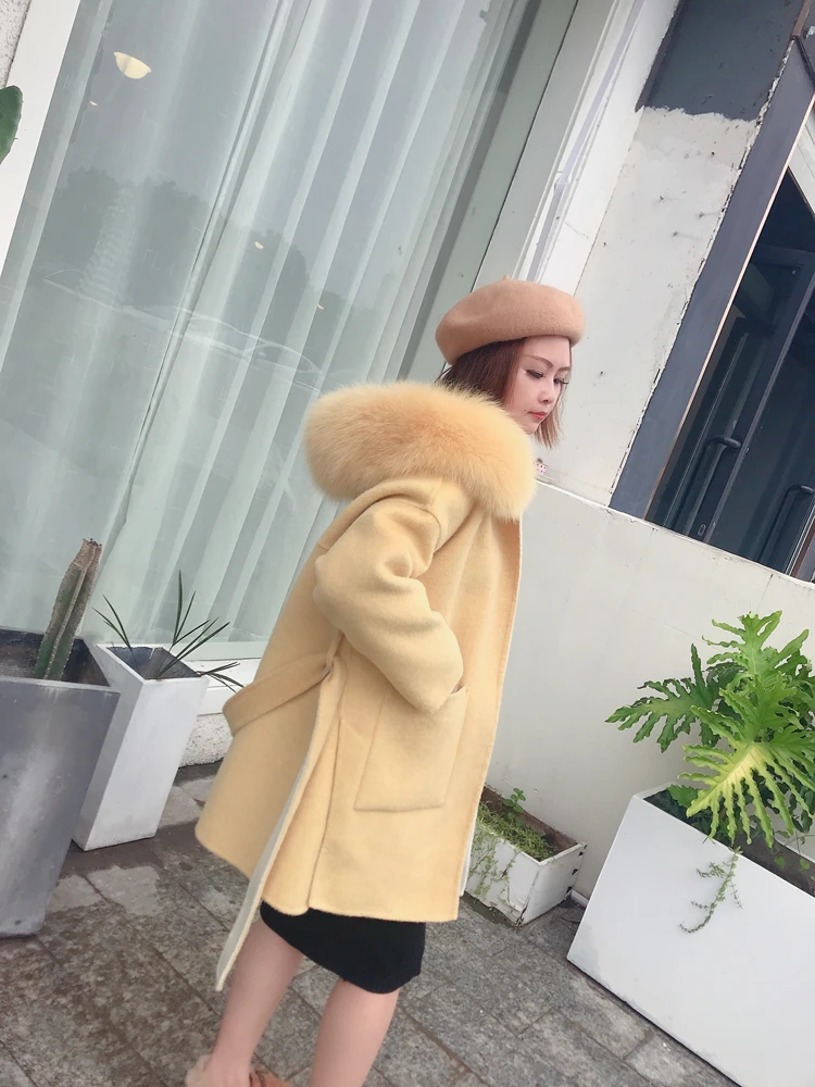 Women Wool Blend Coat fox Fur Collar Hooded jacket fashion new real fur coat long streetwear thick warm parka