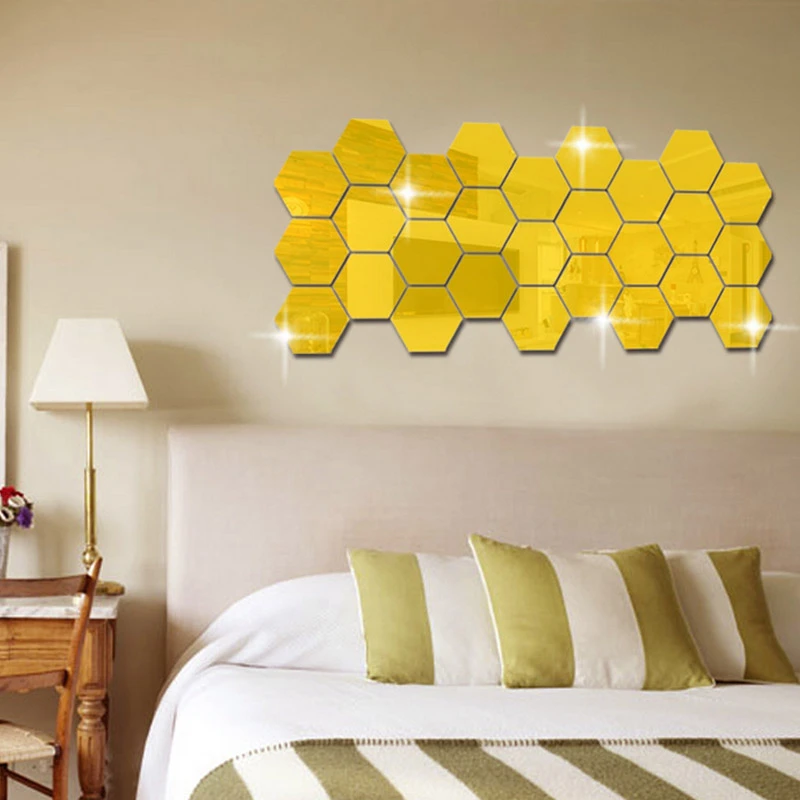 Pegatina de pared con espejo 3D de 12 uds, calcomanía hexagonal de pegatina de pared extraíble de vinilo, decoración del hogar, decoraciones artísticas DIY, adhesivos - AliExpress