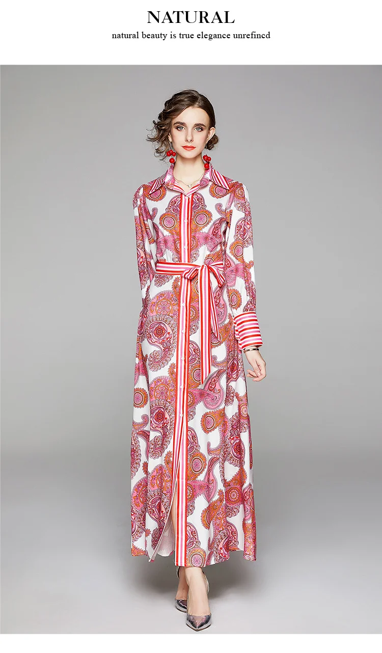 Banulin Autumn Fashion Runway Maxi Dress Womens Long Sleeve Collar Belted Gorgeous Printed Elegant Holiday Vintage Long Dress