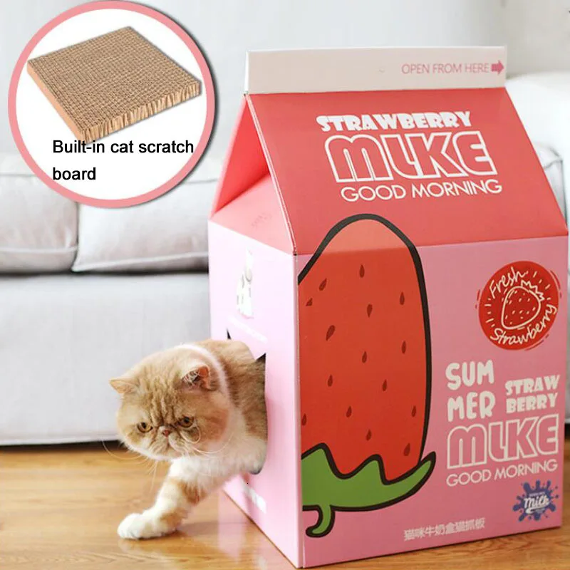 Juice box cat house with folding scratch board corrugated paper nest for small dog puppy cat Sleeping house