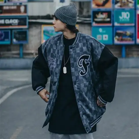 2021 spring and autumn retro embroidery plaid stitching male Hong Kong style jacket baseball uniform national tide loose | Мужская