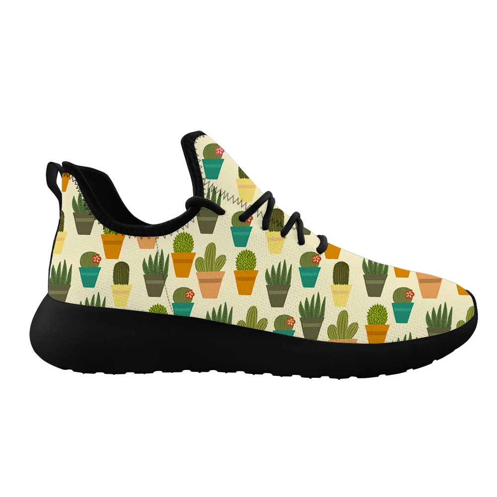 

2020 Women's Sport Shoes Cactus Printed Customized Popular Non-slip Soft Sneakers Lovers Fly Weaving Lace Up Jogging Footwear