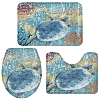 

3 Pieces Bathroom Set Nautical Theme Marine Life Series Turtle Bath Set Toilet Cover Mat Pedestal Rug Non-Slip Bathroom Rug Set