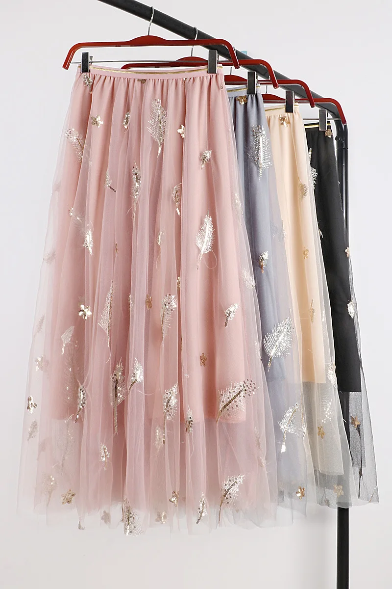 Gauze Skirt Women's Spring And Summer New Style INS Super Fire Pleated Skirt Mid-length Black And White with Pattern Mesh D