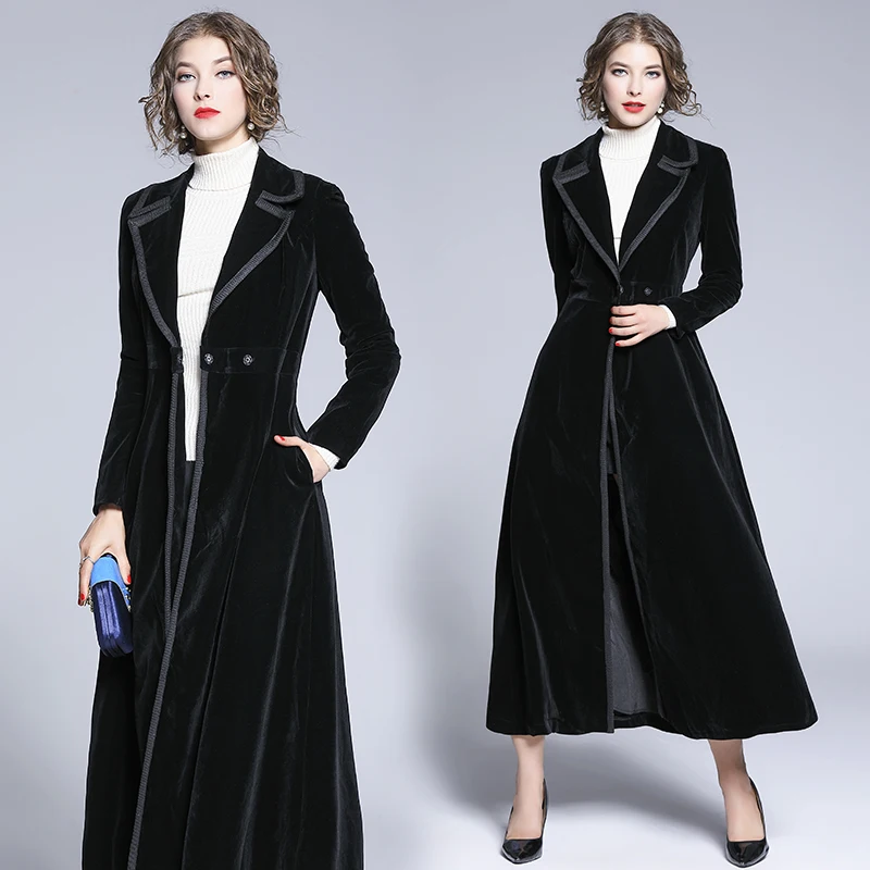 Women's Black Velvet Coat Autumn Winter Long Maxi Trench Coats Single-Button Outerwear Notched Long Sleeve Windbreakers