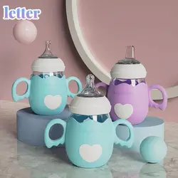 Biberon en verre pour bébé, avec manchon de protection en Silicone, avec 3 têtes, cuillère pour nouveau né, tasse à lait Anti coliques 