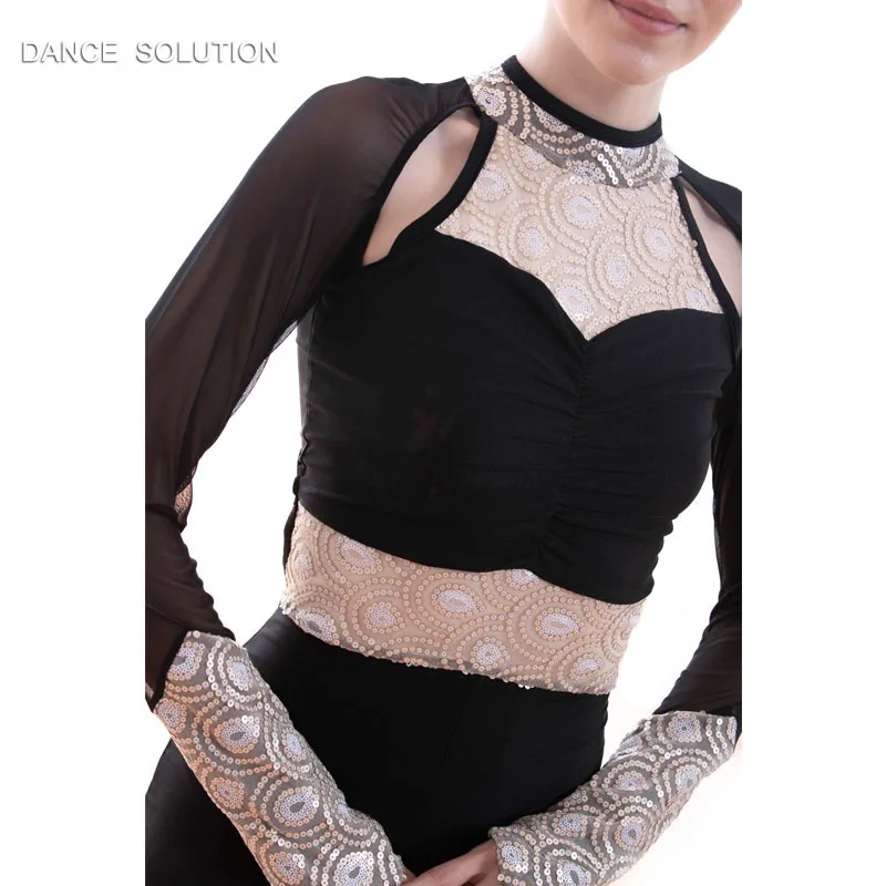 Черный лиф из спандекса с блестками и замочной скважиной сзади танцевальный Лирический костюм для женщин и детей сценическая Одежда для танцев танцевальная одежда 18705