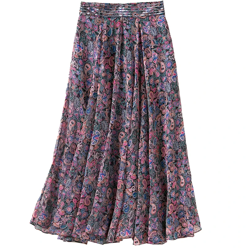 

2020 Spring New Sequins Vintage Print Long Skirt Women High Waist Mid Calf Skirt