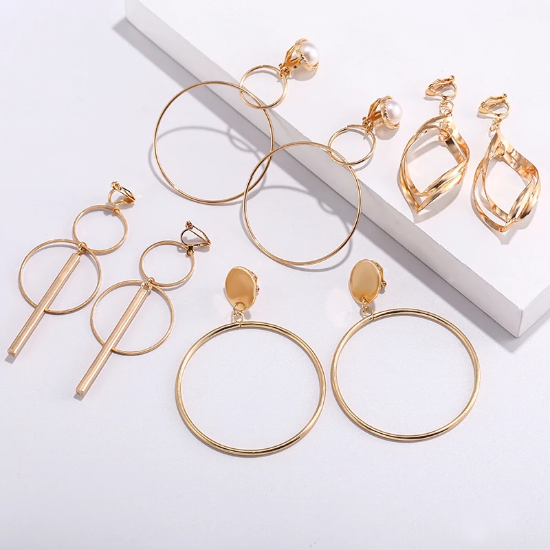 

Simple Hollow Fashion Gold Color Clip on Earrings Geometric Big Round Ear Clips Without Piercing for Women Earrings Jewelry