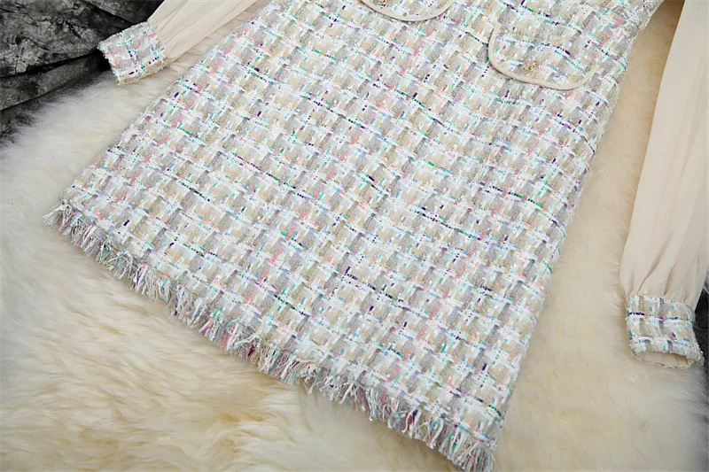 Новое Брендовое модное дизайнерское подиумное осеннее платье для женщин Vestidos Питер Пэн воротник шифон пэчворк твидовый в клетку шерстяные платья