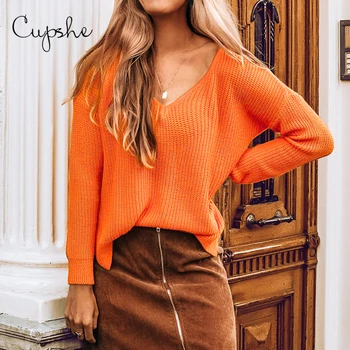 

CUPSHE Orange / White Loose V-Neck Sweater Women Casual Loose Knitted Pullover 2020 Autumn Winter Fashion Female Sweaters