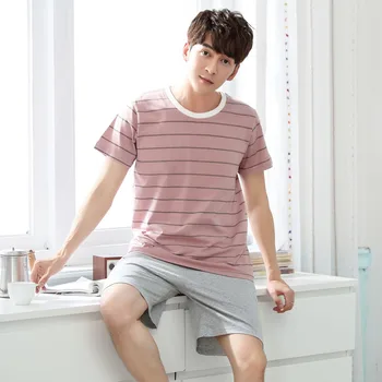 

Casual Striped Cotton Pajamas Sets for Men 2019 Summer Short Sleeve Sleepwear Male Pyjama Homewear Pijama Hombre Lounge Clothes