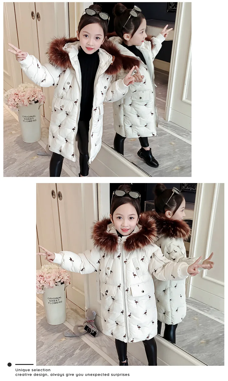 Детская куртка для девочек, новинка года, модная зимняя куртка средней длины с цветочным принтом белое пуховое хлопковое пальто с меховым воротником для больших девочек
