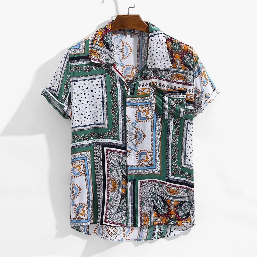 

Men Shirts Mens Short Sleeve Shirts Cotton Vintage Ethnic Printed Turn Down Collar Short Sleeve Loose Casual Shirts Camisa #40