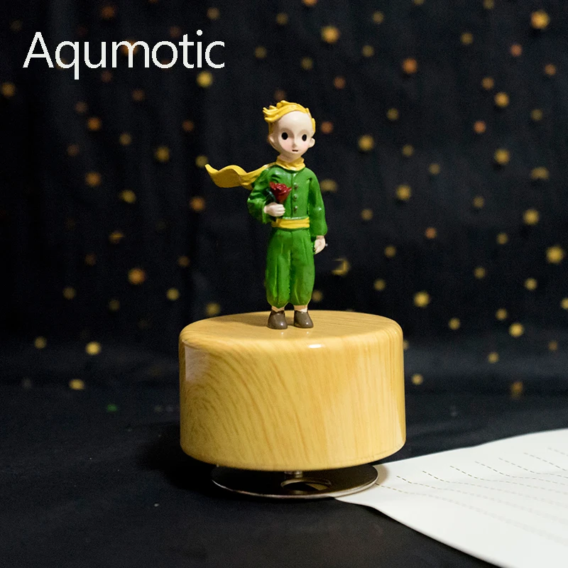 Aqumotic Little Prince Clockwork Music Box Resin Princekin Rotation Round Base Musical Boxes Crafts Retro Gift Home Decoration