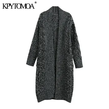 

KPYTOMOA Women 2020 Fashion Pockets Ribbed Trims Knitted Cardigan Sweater Vintage O Neck Long Sleeve Female Outerwear Chic Tops