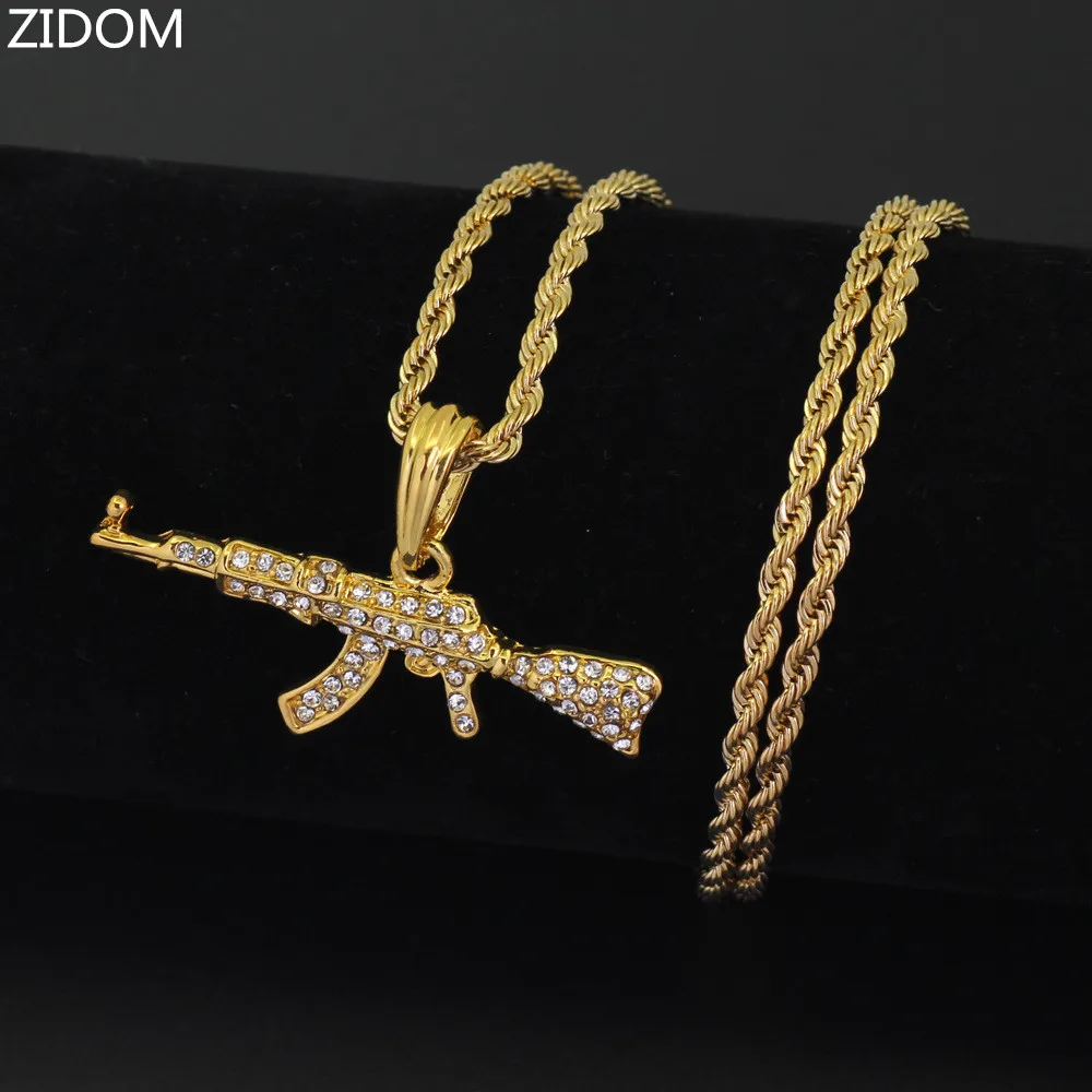 Мужская и женская подвеска в стиле хип хоп Iced out AK47 ожерелье из нержавеющей стали