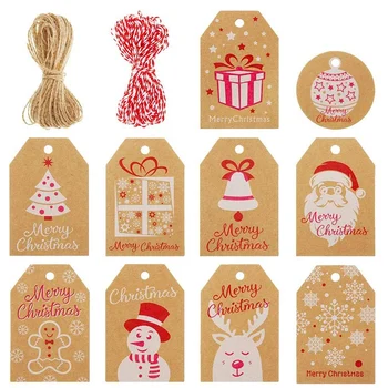 

100PCS Christmas Gift Tags-Kraft Paper Tags Hang Labels with Twine String,10 Styles with Snowflake/Christmas Tree/Santa