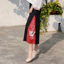 Широкие брюки с высокой талией, новые свободные брюки с вышивкой японского журавля, женские повседневные укороченные брюки