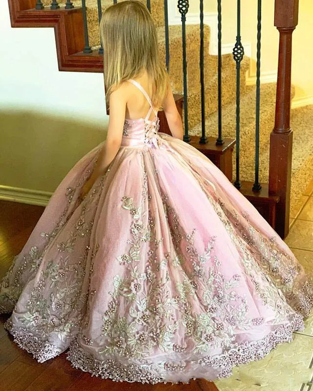 Новое поступление года, кружевные платья с жемчужинами и цветочным узором для девочек бальное платье на бретельках для девочек, платье для свадебной вечеринки винтажное праздничное платье для причастия