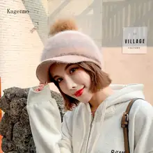 Kagenmo шапка женская зимняя Корейская бейсболка модная Толстая черная Шерстяная трикотажная шапочка с мехом кролика для сохранения тепла