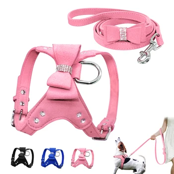 

Soft Suede Leather Puppy Dog Harness Lead Leash Set Cute Pet Harness Vest Walking Leashes Rope Pink For Small Medium Dogs