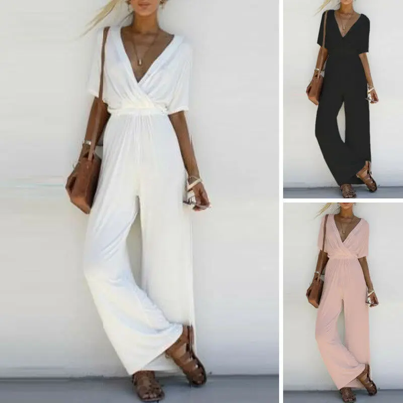 

Womens Slim Summer Jumpsuit Wrap Frill Playsuit Wide Leg Pants Trousers Rompers Bikini Cover Up