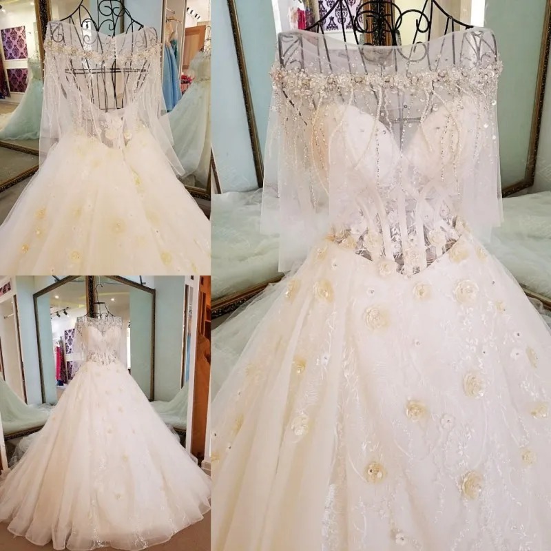 Цветы хрусталь бисер Тюль Свадебные платья Половина рукава Vestido De Noiva Princesa Luxo свадебное платье pakaian pengantin