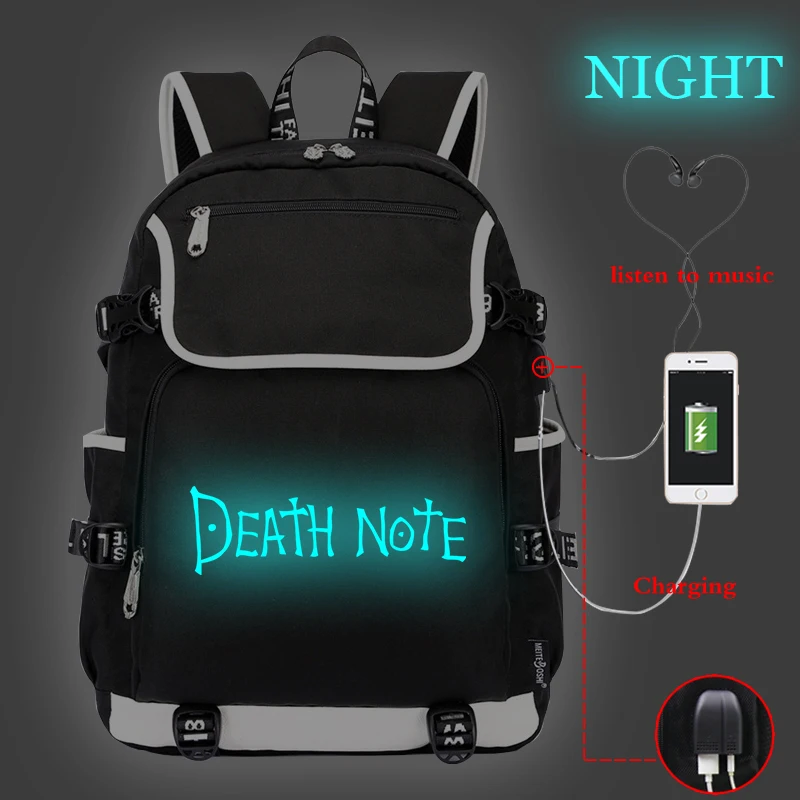 Рюкзак Mochila Dead Note, L светильник, женский рюкзак, USB зарядка, рюкзак для ноутбука, школьные сумки для подростков, девочек, мальчиков, дорожные сумки