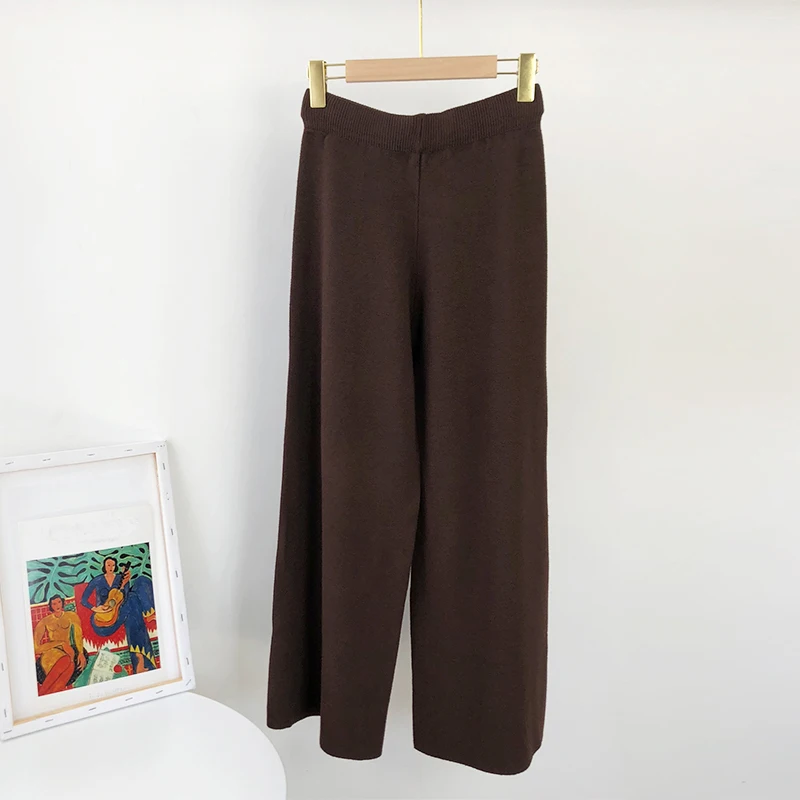 Aachoae 2020 Lady Solid Knit Pants Loose Wide Leg Long Length Pants Female Drawstring Casual Office Home Wear Trousers Pantalon
