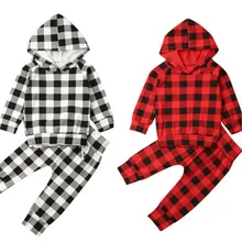 Осенне-зимняя одежда для маленьких девочек и мальчиков от 0 до 24 месяцев клетчатые Топы с капюшоном, брюки хлопковая осенняя одежда для мальчиков и девочек