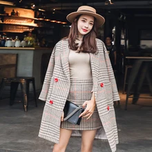 Винтажный костюм с юбкой,, рукав 3/4, хлопок, длинный клетчатый Блейзер, зимнее женское пальто+ мини-юбка трапециевидной формы, два предмета, Осенние комплекты