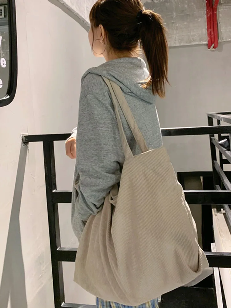 

Vintage Corduroy Shoulder Bag Literary Lazy Style Large-capacity Shopping Handbag Fashion Trend
