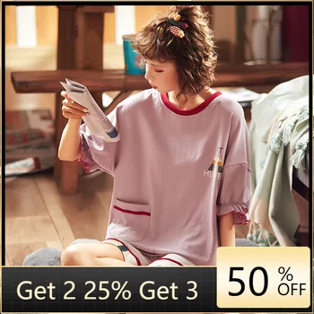 

Pajamas Women's Summer Thin Cotton Short-Sleeved Sweet Cute Loose Version Women's Summer Can Wear Cotton Leisure Tops