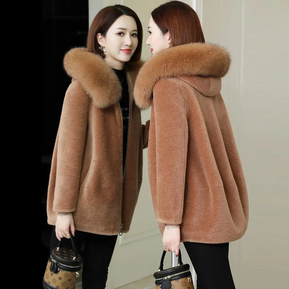 

Imitation fur hooded pellet sheepskin fur grass coats women medium long loose hooded sheep shearing parka coat women's overcoat