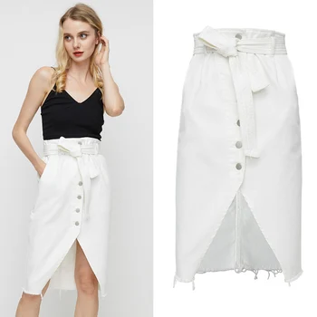 

Summer New Women High Waist White Front Split Midi Jeans Skirt with Belt Hip Cowboy Pencil Skirt Saia Jeans Feminina Jupe Femme
